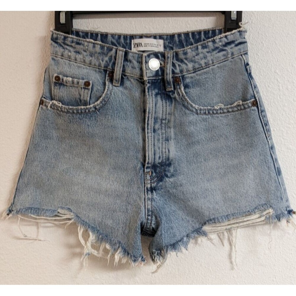 ZARA Women's Cotton Distressed Hem High Waisted Denim Shorts Size 0
